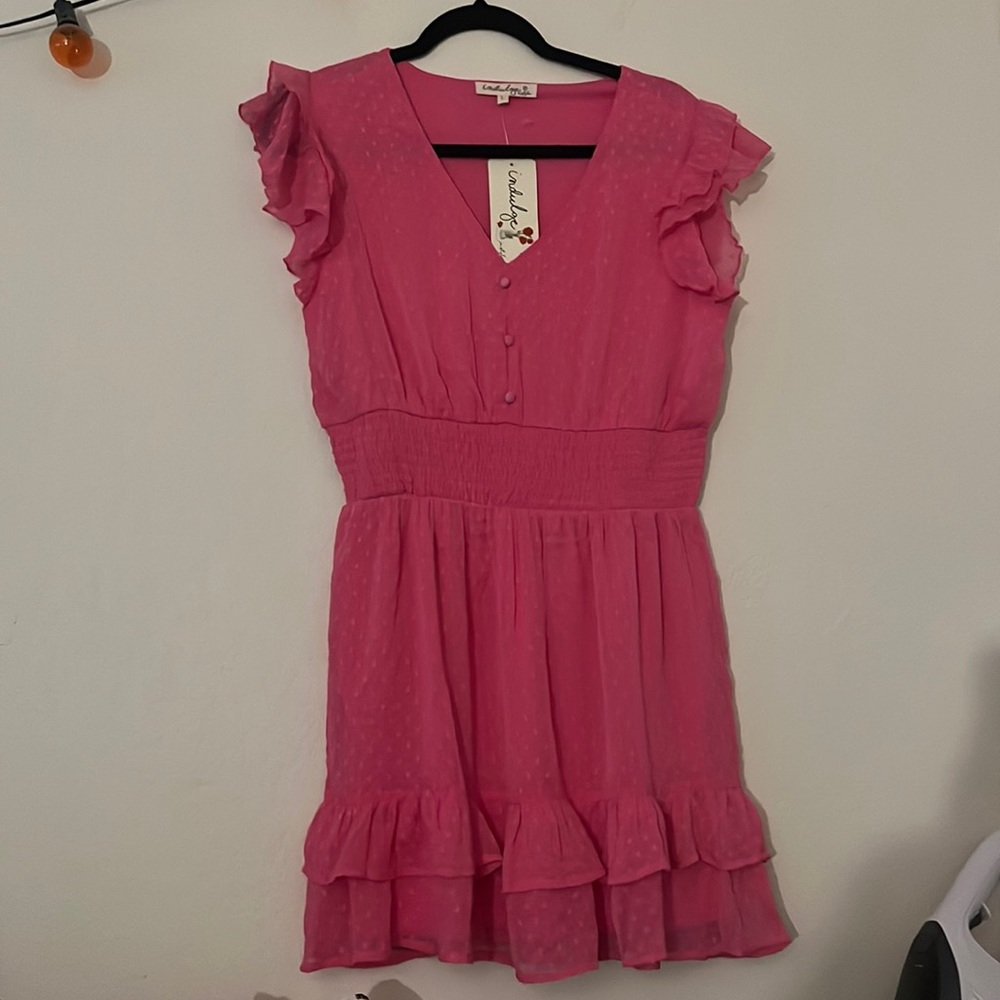 NWT hot pink dress ruffle flower floral puff sleeve